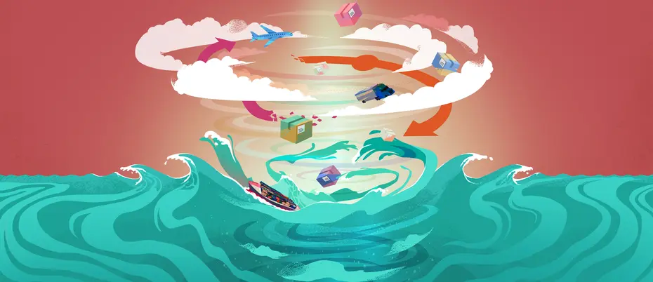 waterspout with vehicles embedded, representing effects of climate change on the supply chain