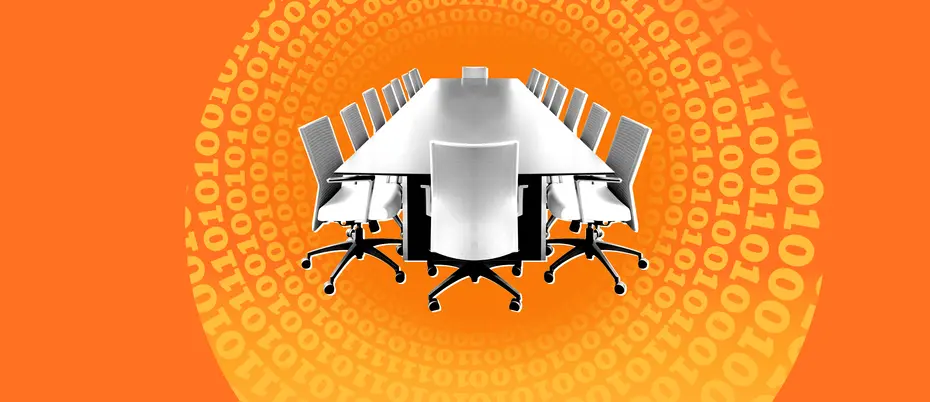 An illustration of a boardroom table ringed by ones and zeros, showing that corporate boards now must build an understanding of digital skills and tools.