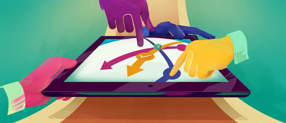 Three hands pointing at three arrows on a tablet, representing supply chain management