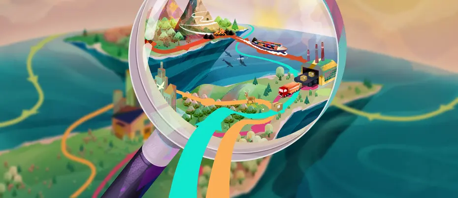 magnifying glass looking over a landscape of boats, trains, and trucks, symbolizing supply chain transparency