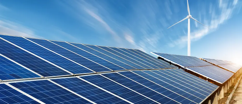 Row of Solar Panels and Single Windmill 