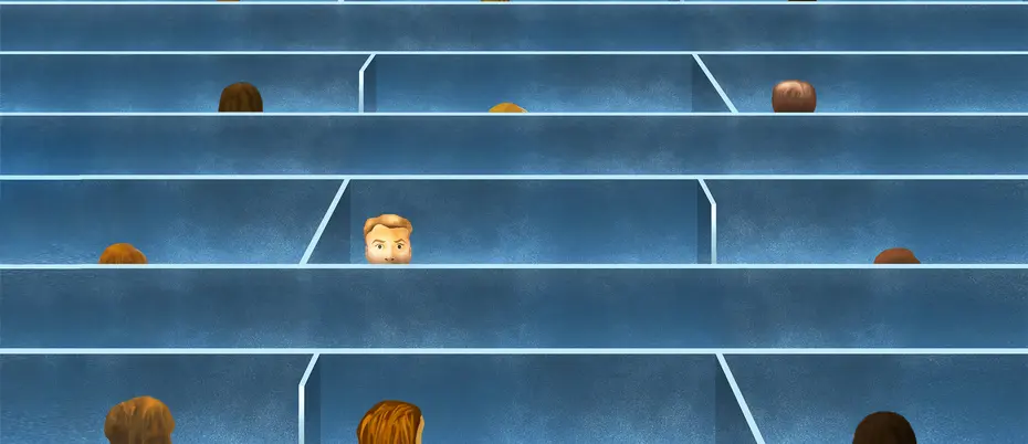 An illustration of cubicles with workers' heads peaking through. One worker is actually lifting his head above the cubicle and his face is in view, while the others are not. 