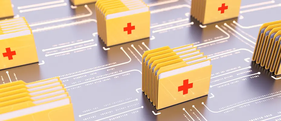 An illustration of electronic healthcare folders being connected by binary code and lines.