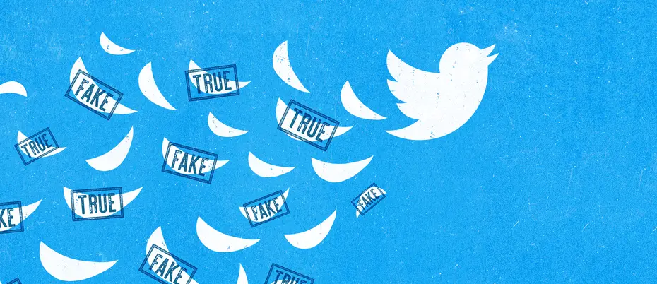 A twitter bird leaves a trail of feathers. Some feathers have stamps that say "Fake" and "True".
