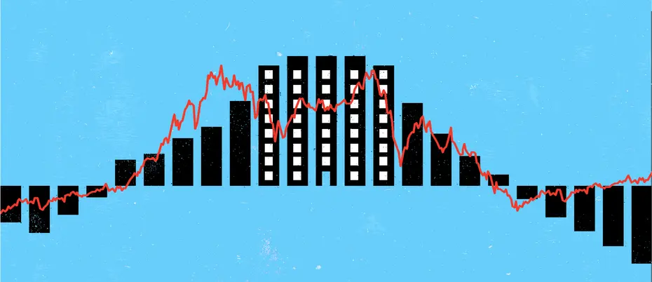 A graph with a building superimposed, meant to signify CAPM valuation on Wall Street