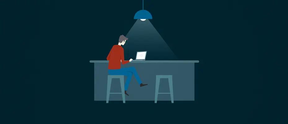 An illustration of a person sitting alone at a kitchen counter looking at a laptop under a single light, emphasizing the challenges of remote and virtual work.