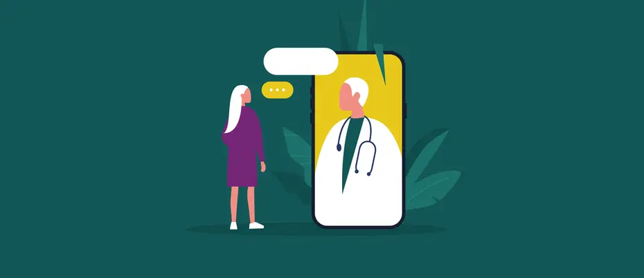 woman speaking with a doctor inside a smartphone, representing telemedicine telehealth