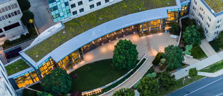 Aerial shot of MIT building E62. 