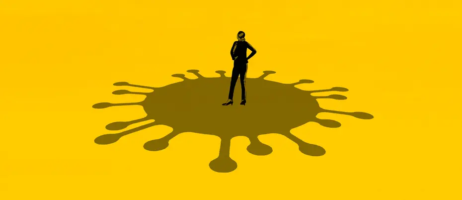 Illustration of a woman standing on top of a big coronavirus shadow.