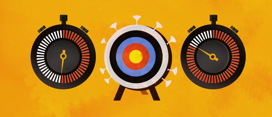 An illustration of two stopwatches and an archery target with a few visual elements of the coronavirus, representing the race to a vaccine.