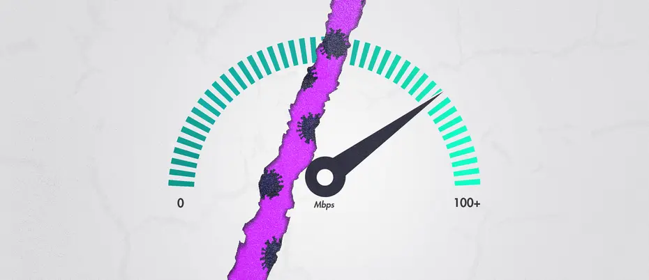 An illustration of an internet speed test displacy, with a tear down the middle filled with coronavirus. Signifying the digital divide created by the ability of people to self-isolate if they have high-speed internet.