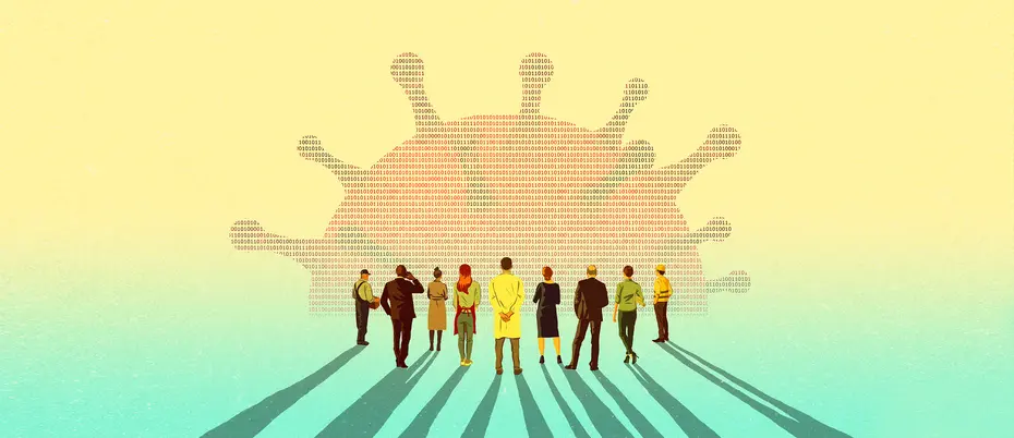 Illustration of a workforce. A horizon line is in the background with the coronavirus rising resembling the sun rising.