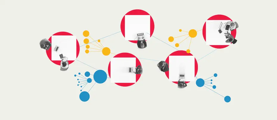 Illustration of people working at round desks that connect like data points