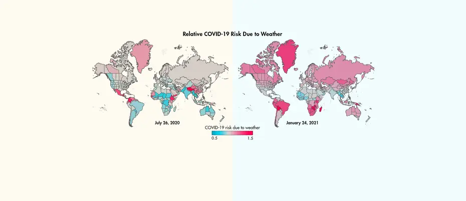 Side by side comparison of how COVID-19 transmission rates will be affected by warmer and cooler weather around the globe