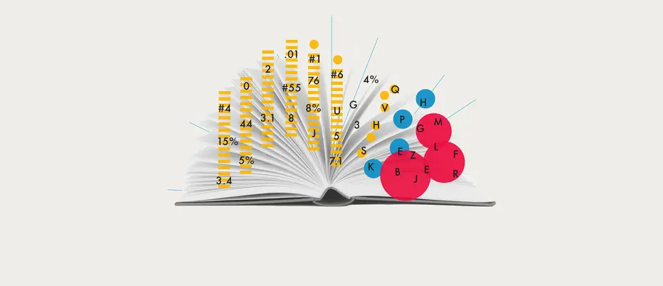 Book pages with various colored bubbled meant to symbolize data storytelling