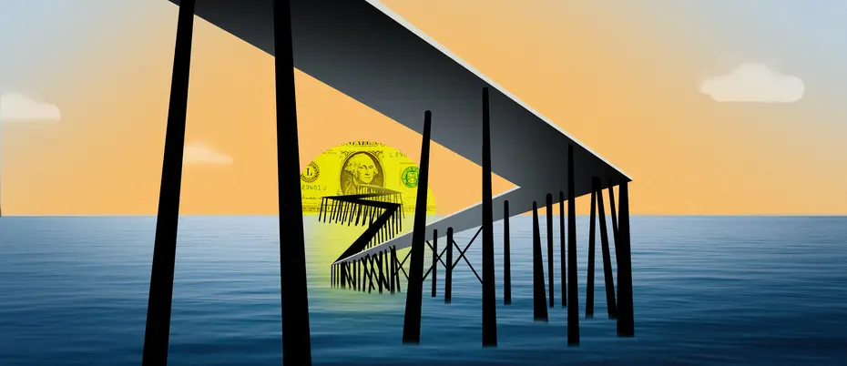 Bridge over the ocen with a glowing dollar at the end representing economic recovery