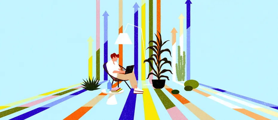 A vibrant and positive illustration of a remote worker in a relaxed environment. Arrows going up are in the background.