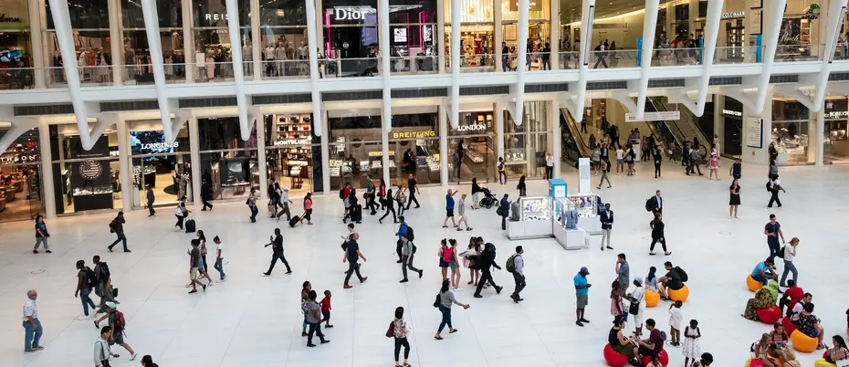 View of shoppers in a large retail mall.