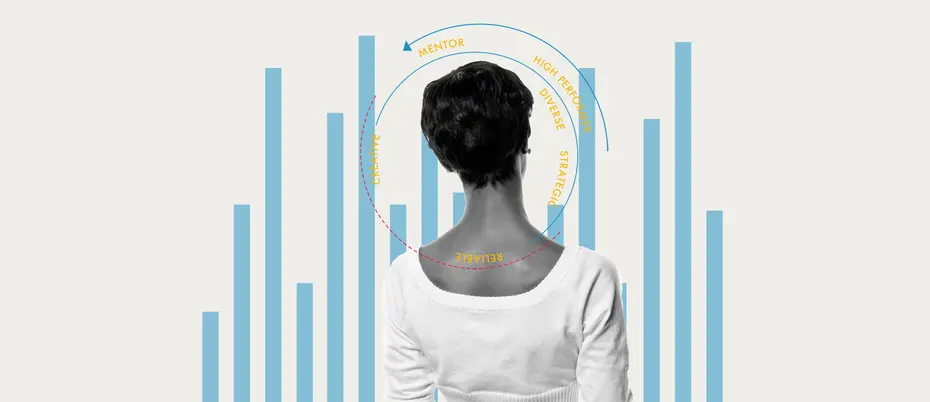 Woman viewed from behind with a pie chart and bar graph superimposed, meant to represent people analytics