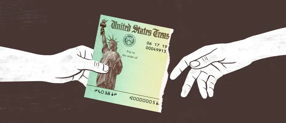 Illustration of a hand holding a torn check from the U.S. treasury and another hand trying to grasp it.