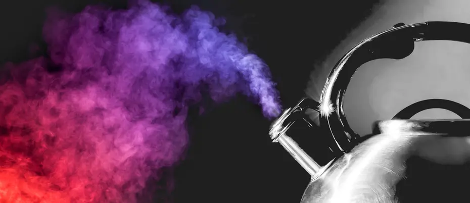 a tea kettle with purple and red steam to illustrate the mounting pressure of mental health
