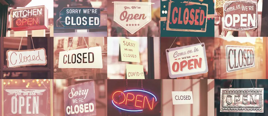 Collage of open and closed signs on businesses