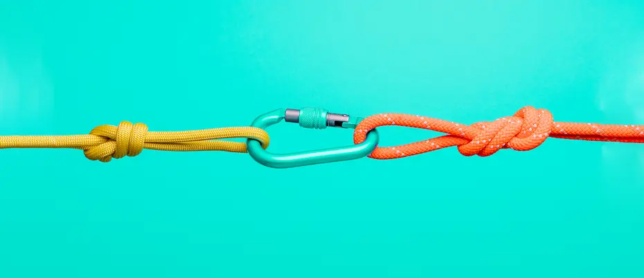 An illustration of a carabiner connecting two ropes, symbolizing the important connections that hold people together at work, especially during the COVID-19 pandemic.
