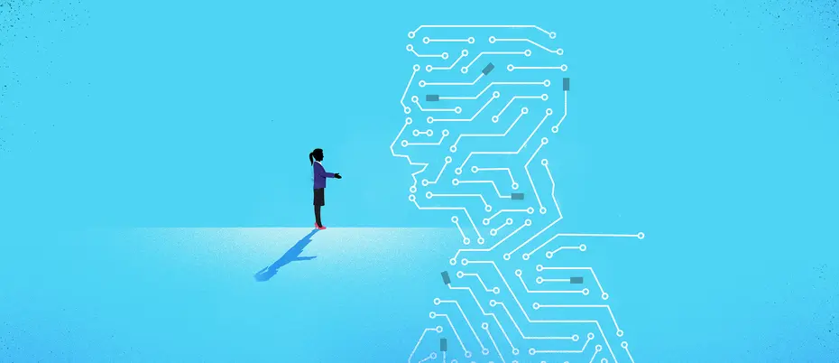 profile of a female figure talking with a series of lines drawn to make a male portrait 