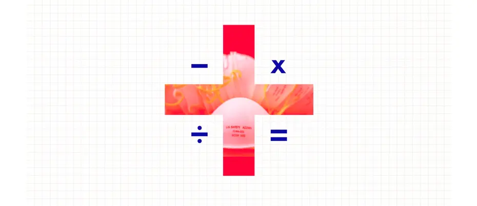 mathematical symbols and a cross shape with a red background and a face mask