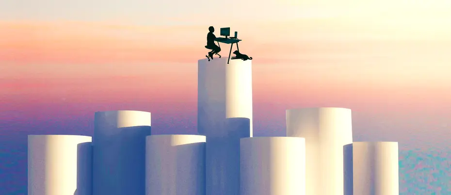 telecommuting worker at a desk atop a pillar, representing the benefits of remote work