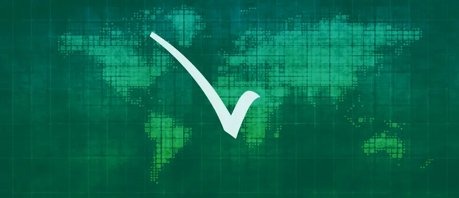 map of the world with a reverse checkmark superimposed, representing a weak economic recovery