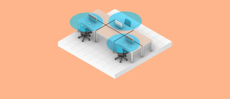 an office floorplan with highlighted desks for social distancing