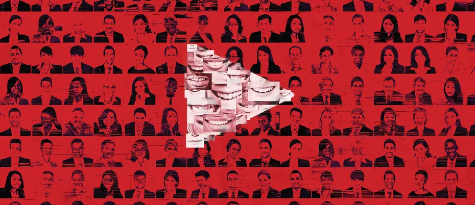 Graphic of a collage of people in the background with a play button consisting of various mouths in the foreground.