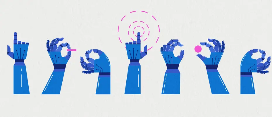 Illustration of robot hands doing a variety of things 