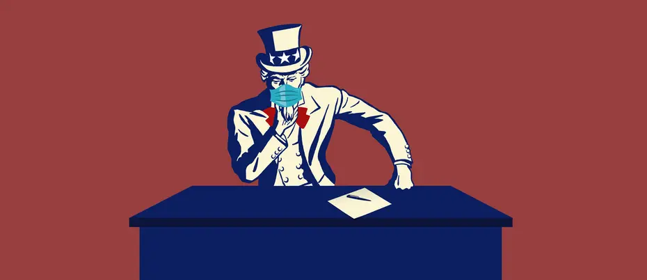 Illustration of Uncle Sam with a face mask on, pondering over a desk with a document on top.