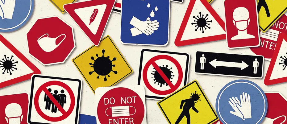 A variety of different signs to illustrate different COVID-19 policies. 