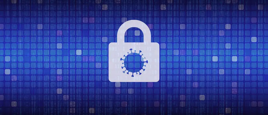 Illustration of lock with coronavirus in the middle to represent cybersecurity