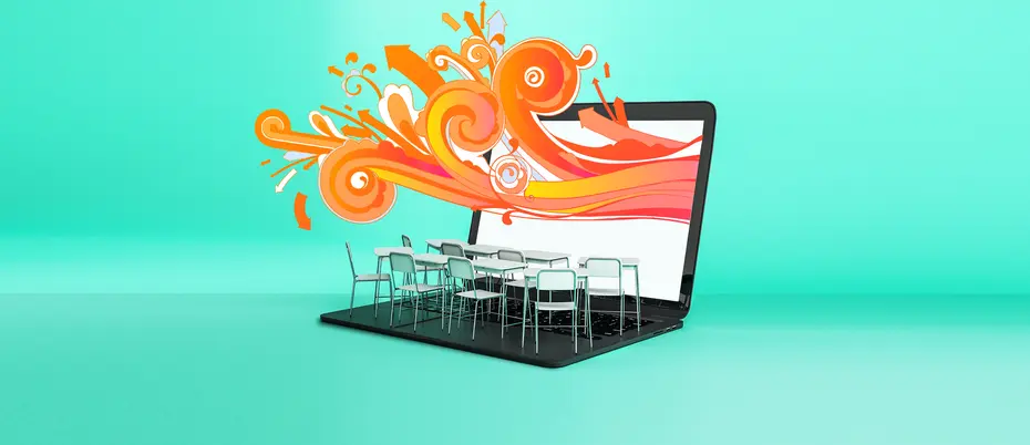 Laptop with chairs and desks on the keyboard and orange waves coming from the screen, meant to indicate distance learning