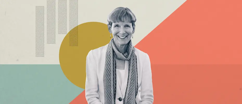 Photograph of MIT researcher Jeanne Ross with colorful geometric shapes in the background