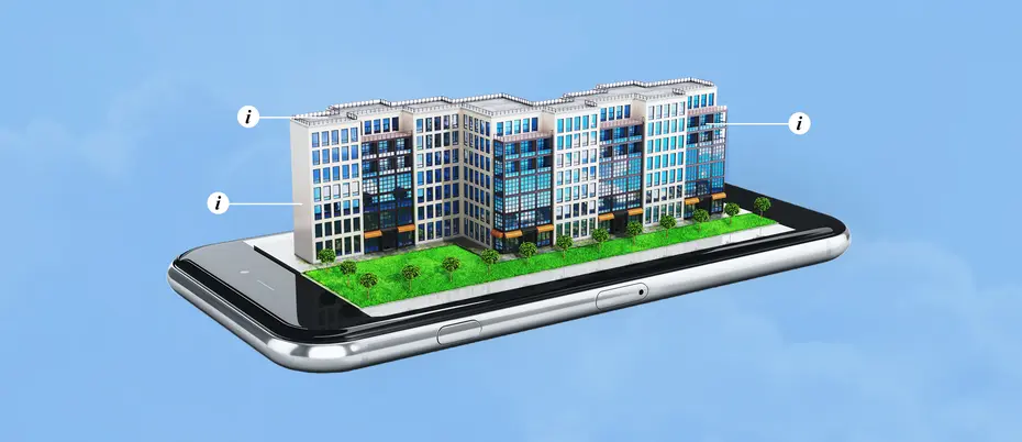 Modern city with landscaping on top of a cellphone, representing property technology or proptech