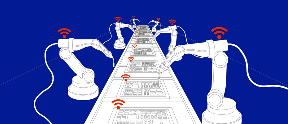Four robotic arms working on an assembly line of digital computer parts