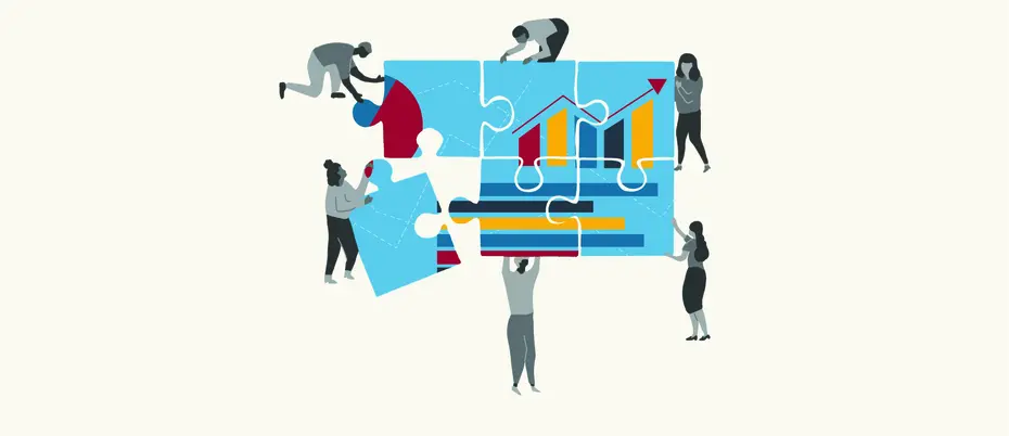 Illustration of employees holding puzzle pieces comprised of data charts