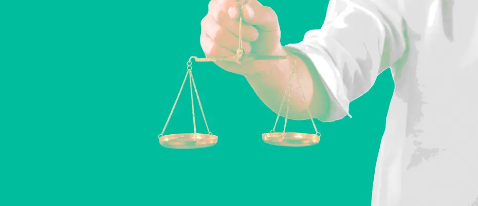 An illustration of a person holding an empty and level balance scale, representing fairness and justice.