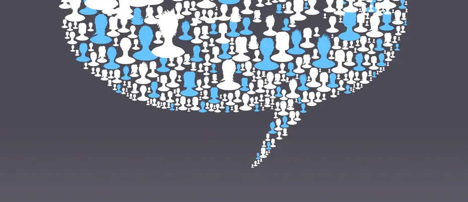 An illustration of a cloud conversation bubble made up of people