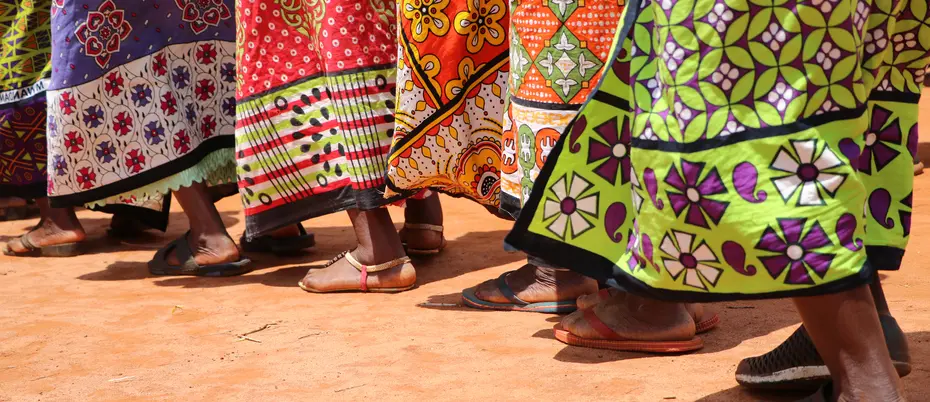 Close-up of Kenyan women dancing in traditional clothing