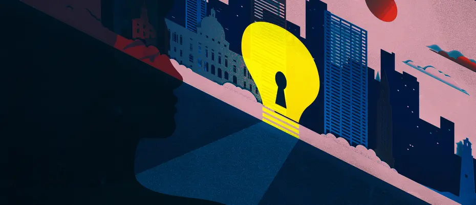 Illustration of a lightbulb with a keyhole among a wall of the Boston skyline. In the shadow is a woman looking at the lightbulb and skyline.