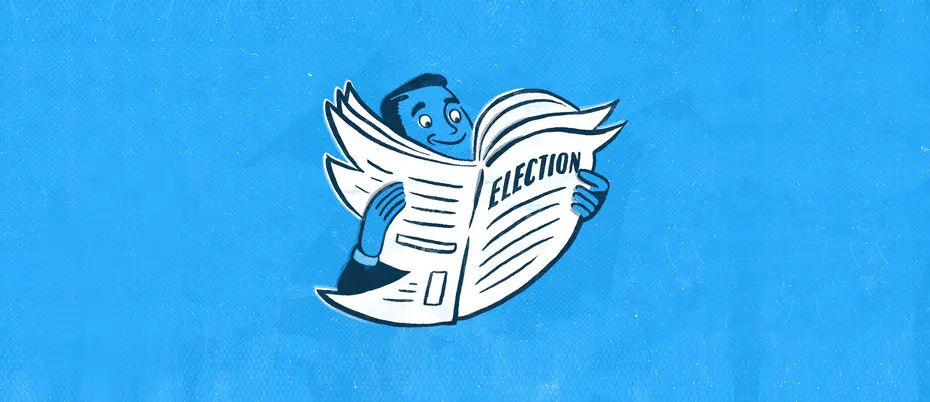 Illustration of a man reading a newspaper in the shape of a twitter bird that says "Election"