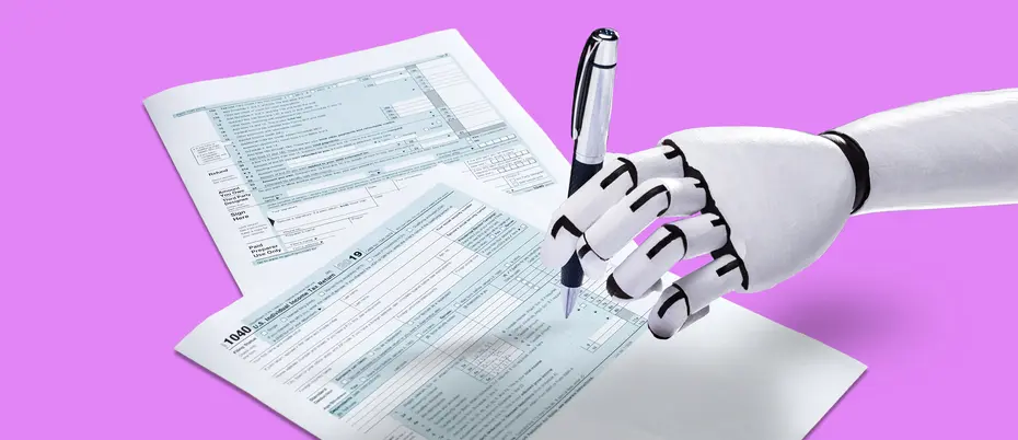 A robot hand filling out a tax form