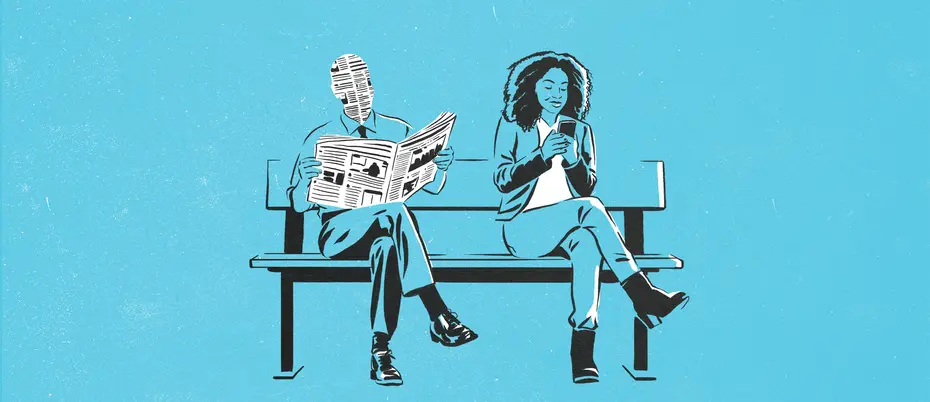 An illustration of a man and woman sitting on a bench. The man is reading a newspaper and his face is also made up of newspaper. The woman is looking at her mobile phone.