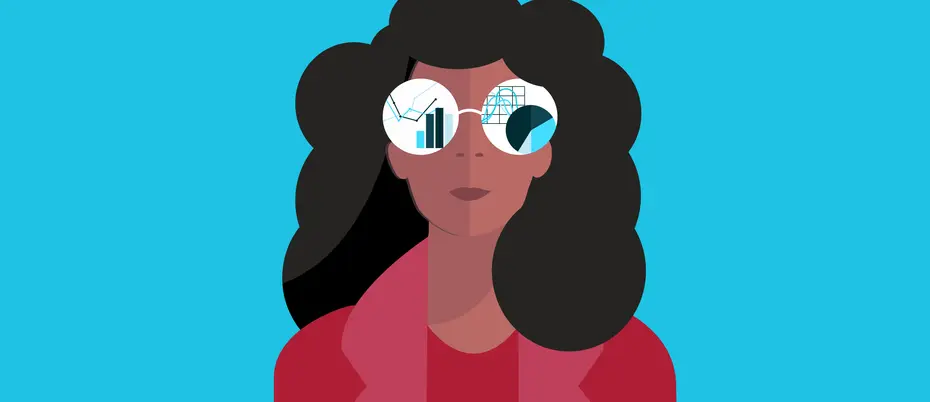 Illustration of a woman with data analytics graphics in her glasses